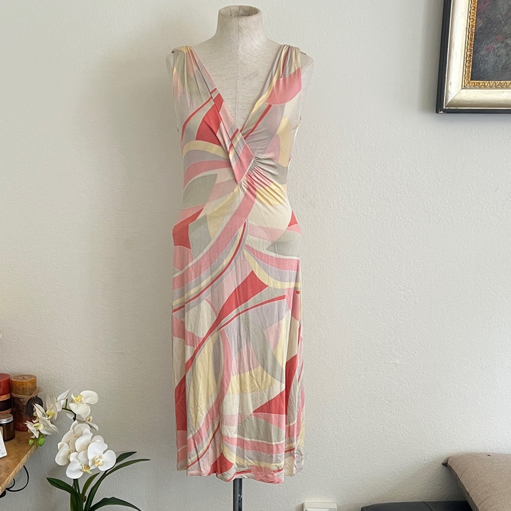 Zara Sleeveless Pink Multi-Print V-Neck Midi Dress M